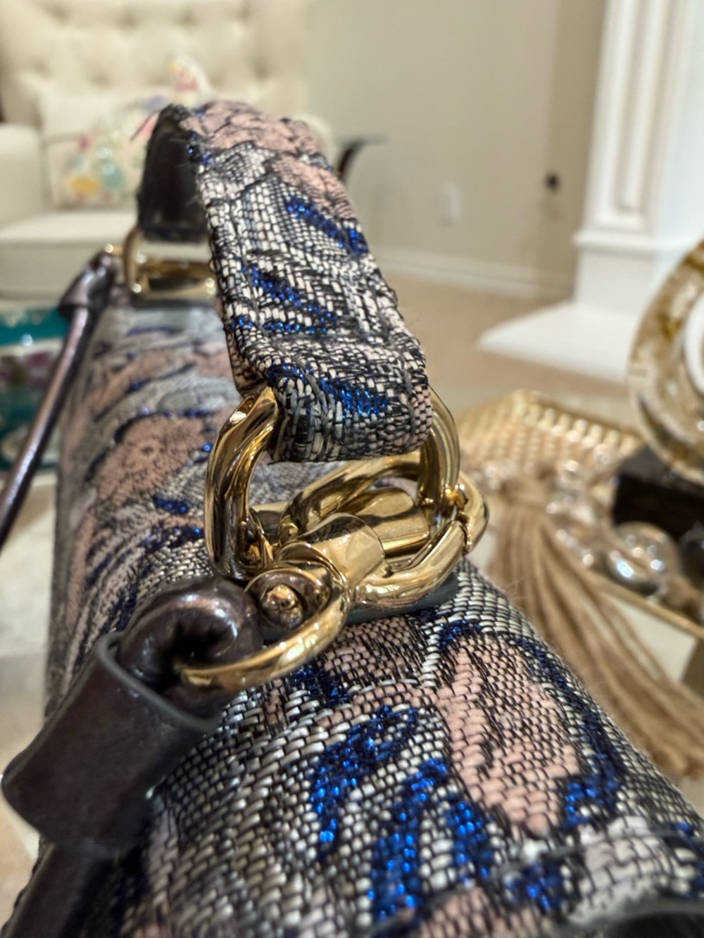 Furla 1927 Mini Bag M in Blue Floral Jacquard with Gold Hardware - Picture 13 of 16